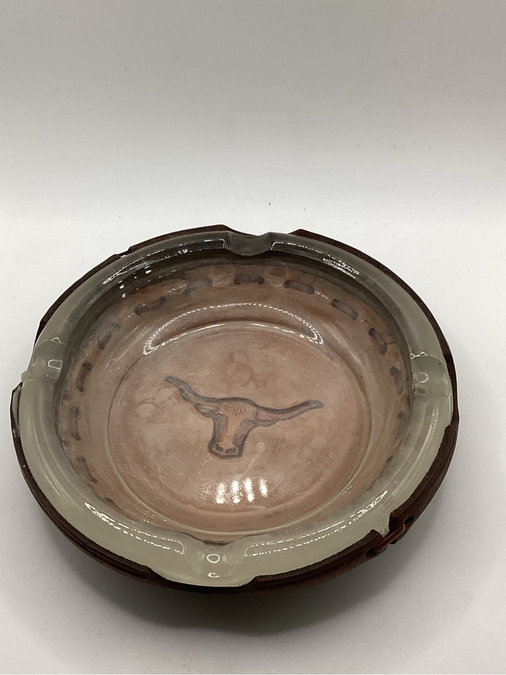 vintage Bamco Texas Longhorn glass and leather ashtray